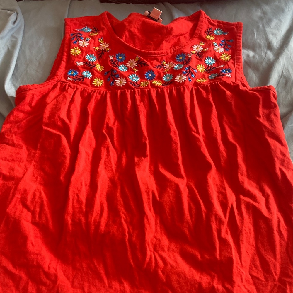 J. Crew red embroidered sleeveless floral top